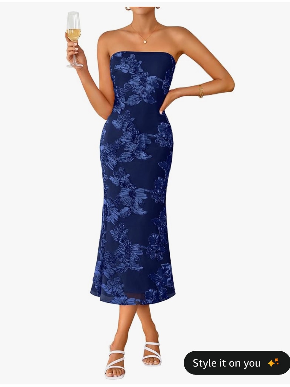 Strapless Navy Floral Midi Dress